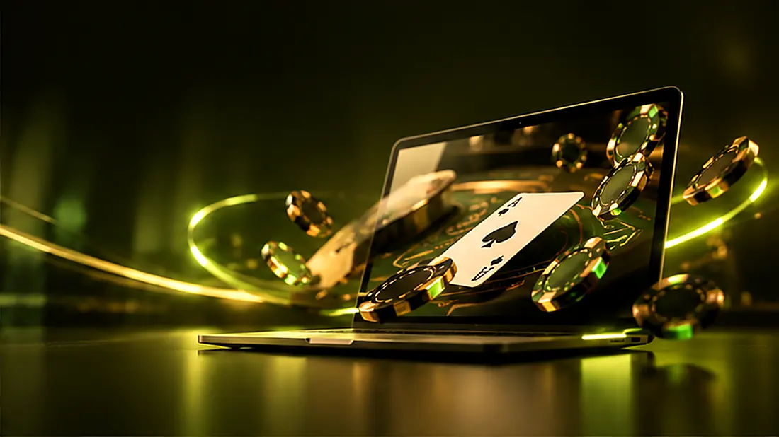 Laptop menampilkan meja blackjack live, dengan kartu As sekop yang jatuh dan chip kasino dalam cahaya hijau