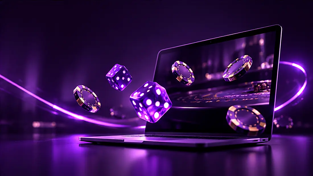 Laptop dengan roda roulette, dadu ungu, dan chip kasino dalam cahaya ungu