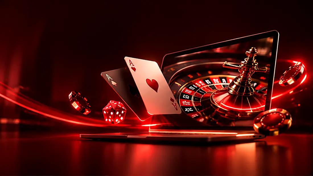 Laptop menampilkan roda roulette, dengan kartu remi, dadu, dan chip dalam cahaya merah